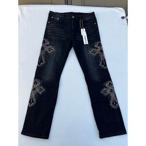 Purple Brand Men's Black Denim Jeans Embellished Rhinestone Crosses Slim Fit 34
